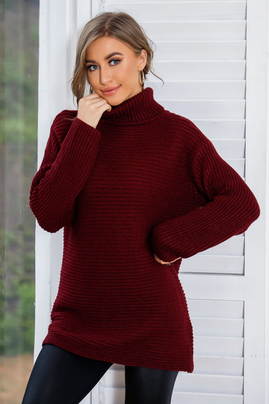 Woven Right Horizontal Ribbing Turtleneck Tunic Sweater